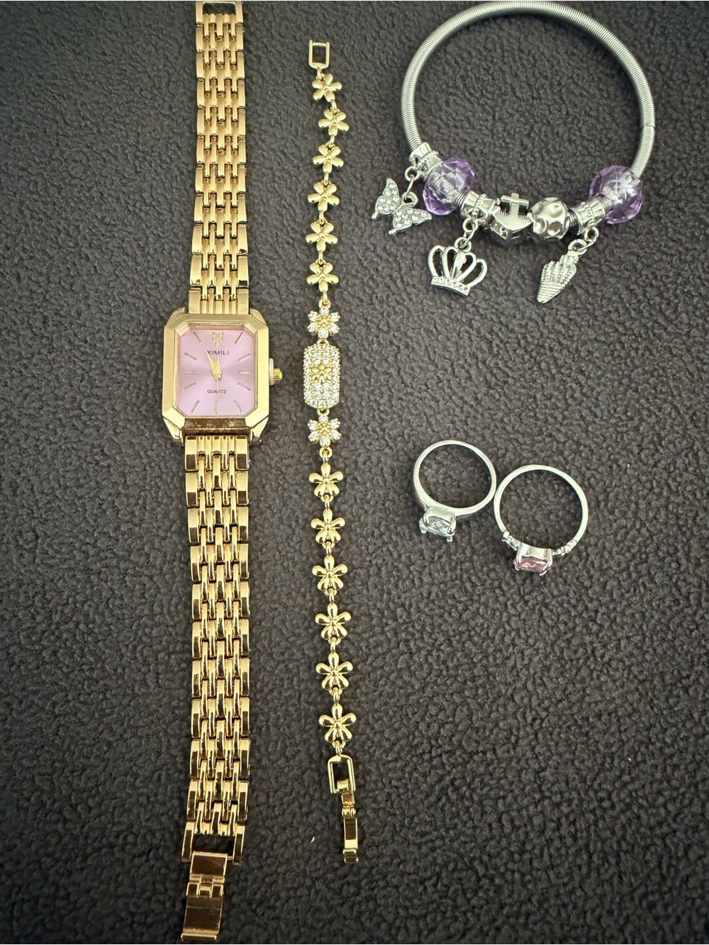 Gold Women's Bracelet Watch with Pink Dial and Floral Bracelet